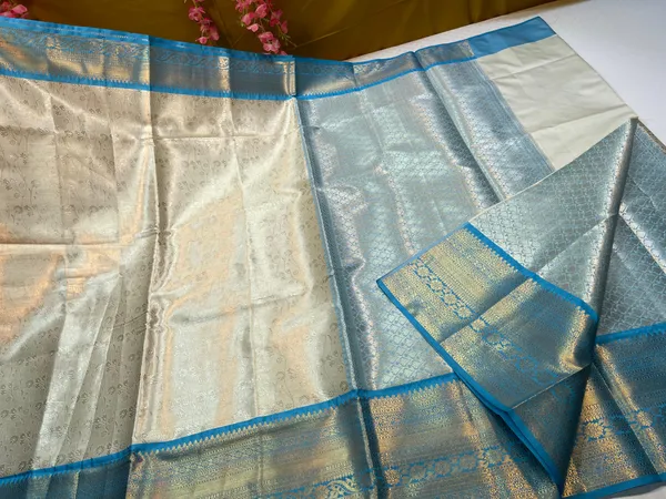 Beige_Kanjeevaram_Soft_Silk_Floral_Jaal_Contrast_Blue_Border_Banarasi_Saree_MS_KS2