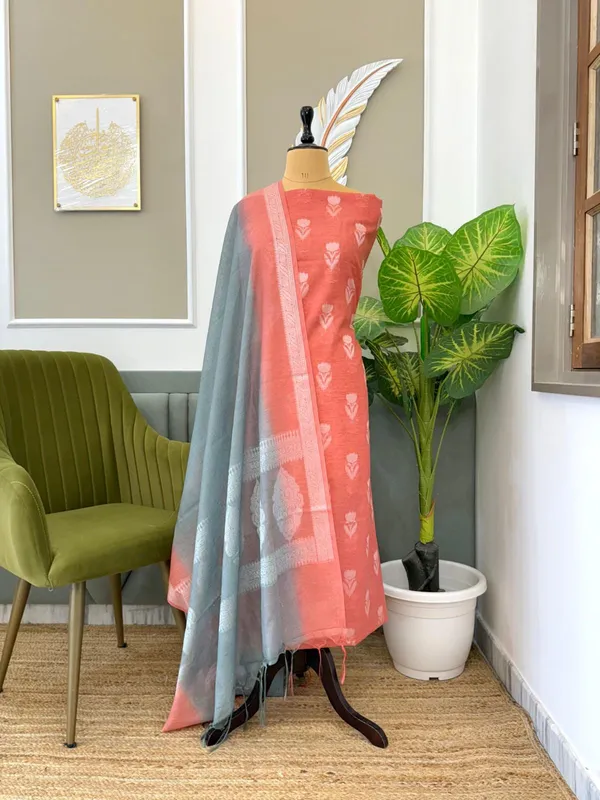 Peach_Linen_Dupion_With_Contrast_Dye_Dupatta_Banarasi_3_Pcs_Suit_Set_Skl_Ln15