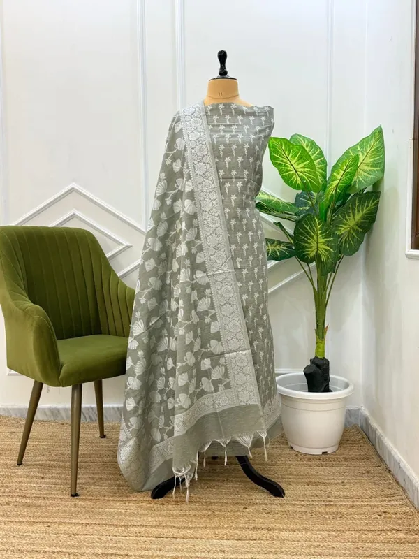 Olive_Soft_Linen_Dupion_Banarasi_Suit_With_Jaal_Dupatta_Skl_Ln11