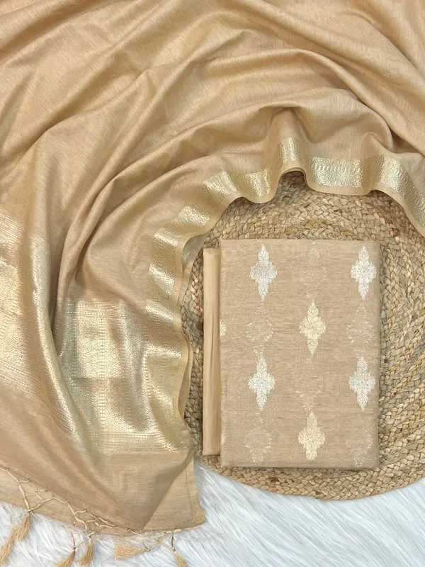 Beige_Linen_Dupion_Booti_With_Contrast_Dye_Dupatta_Banarasi_3_Pcs_Suit_Set_Skl_Ln19