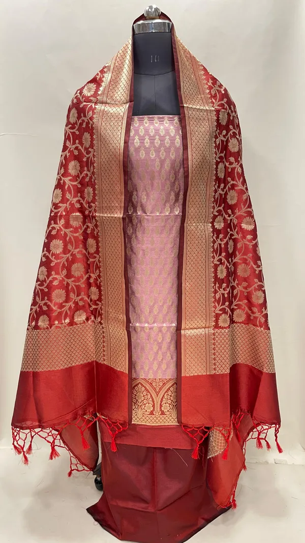 Humairah_Presents_Baby_Pink_Semi_Katan_Silk_3_pcs_Suit_Set_with_Contrast_Red_Plain_Bottom_and_Top_Floral_Zari_Booti_with_Alfi_Jaal_Red_Dupatta_ASD_113