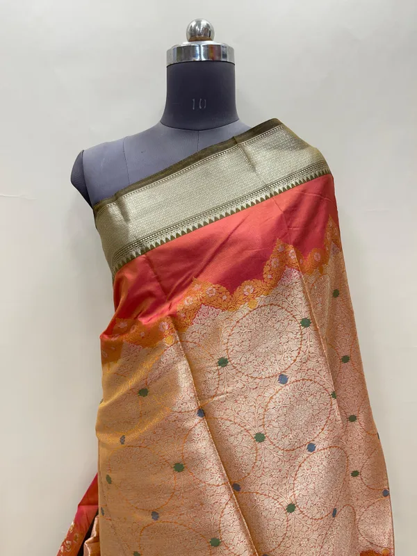 Humairah_Presents_Orange_Art_Silk_Golden_Zari_Geometrical_Mina_Booti_with_Contrast_Magenta_Pallu_Banarasi_Zari_Border_and_Magenta_Blouse