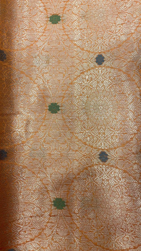 Humairah_Presents_Orange_Art_Silk_Golden_Zari_Geometrical_Mina_Booti_with_Contrast_Magenta_Pallu_Banarasi_Zari_Border_and_Magenta_Blouse