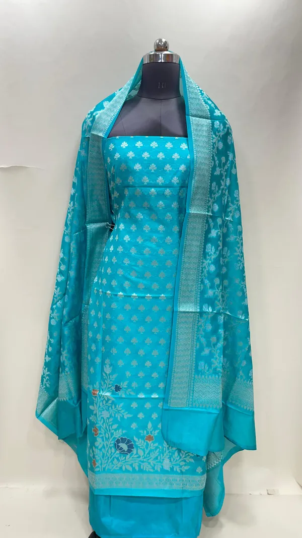 Humairah_Turqouise_Blue_Semi_Georgette_Floral_Ikkat_Mina_Border_3_pcs_Suit_Set_with_Plain_Bottom_and_Floral_Zari_Jaal_Turqouise_Blue_Dupatta
