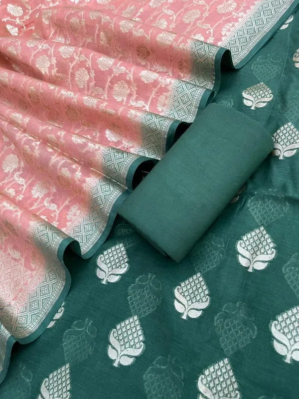 Dark_Green_Pure_Mercerise_Floral_Zari_Booti_with_Lorex_weave_Peach_Dupatta_Suit_Set_12SKL_PML20