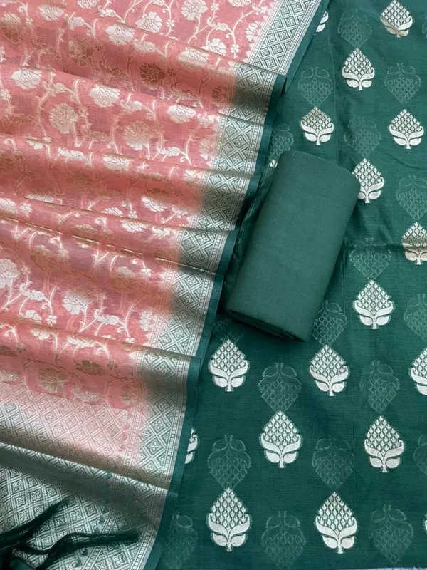 Dark_Green_Pure_Mercerise_Floral_Zari_Booti_with_Lorex_weave_Peach_Dupatta_Suit_Set_12SKL_PML20