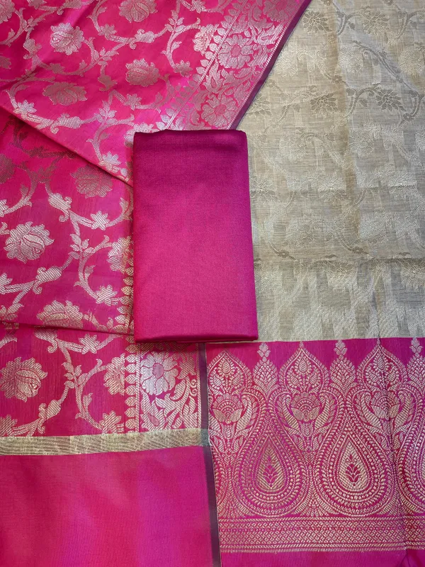 Beige_Art_Silk_Floral_Zari_Jaal_Contrast_Banarasi_Suit_with_Magenta_Dupatta_625AJ_TPT62