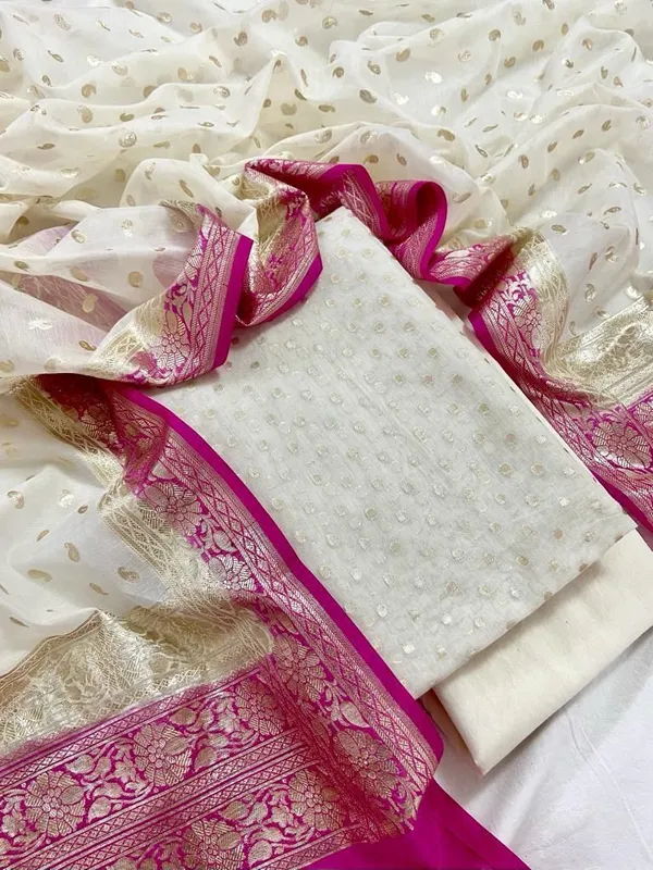 Offwhite_Pure_Mercerised_Lorex_weave_Contrast_Pink_Dupatta_Banarasi_suit_1200SKL_PM24