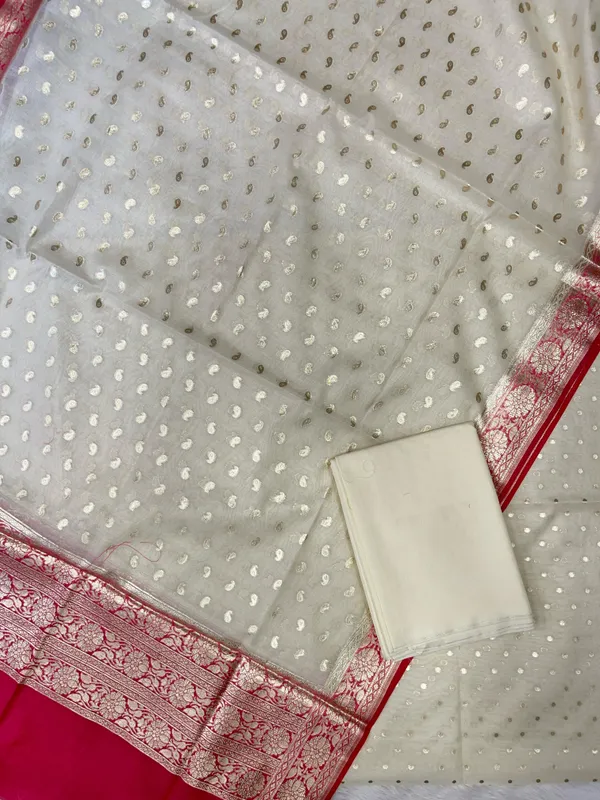 Offwhite_Pure_Mercerised_Lorex_weave_Contrast_Pink_Dupatta_Banarasi_suit_1200SKL_PM24