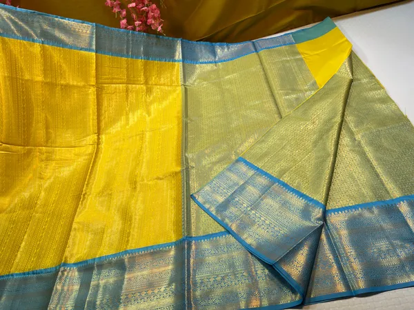 Gold_Semi_Kanchi_Silk_Stripe_Zari_Contrast_Sky_Blue_Border_Banarasi_Saree_MS_SK56