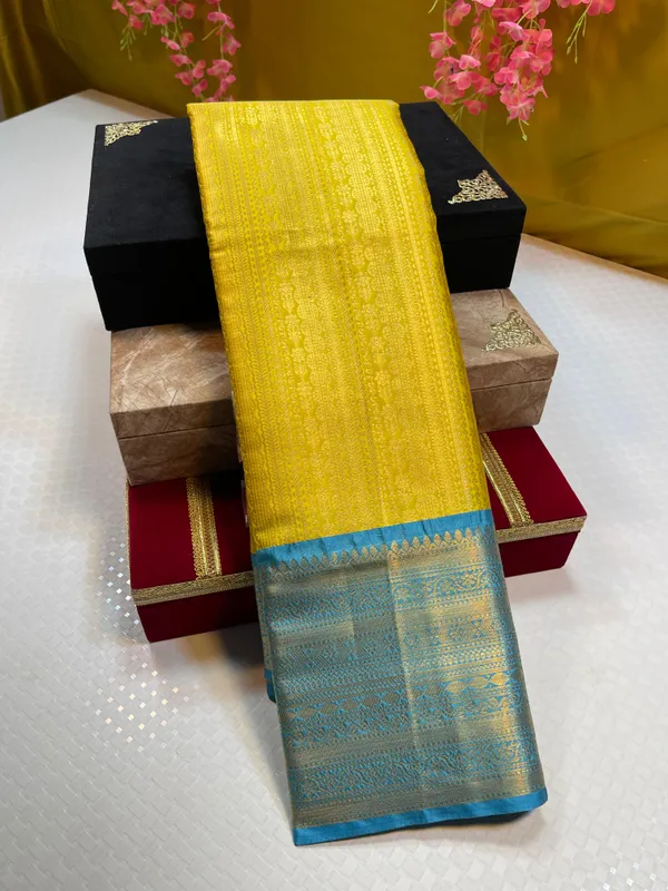 Gold_Semi_Kanchi_Silk_Stripe_Zari_Contrast_Sky_Blue_Border_Banarasi_Saree_MS_SK56