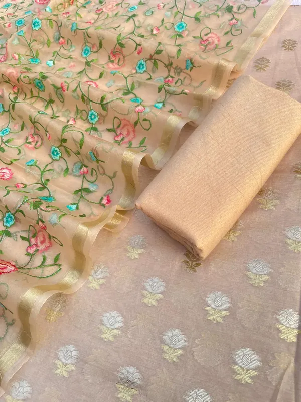 Beige_Pure_Mercerise_Silk_Silver_Gold_Zari_Booti_with_Organza_Embroidery_Dupatta_Suit_Set_1250SKL_PME26