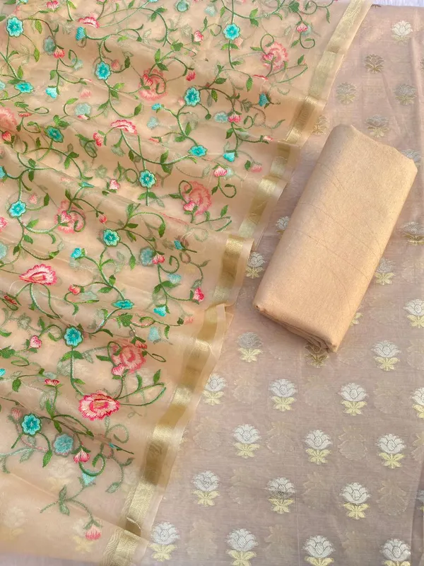Beige_Pure_Mercerise_Silk_Silver_Gold_Zari_Booti_with_Organza_Embroidery_Dupatta_Suit_Set_1250SKL_PME26