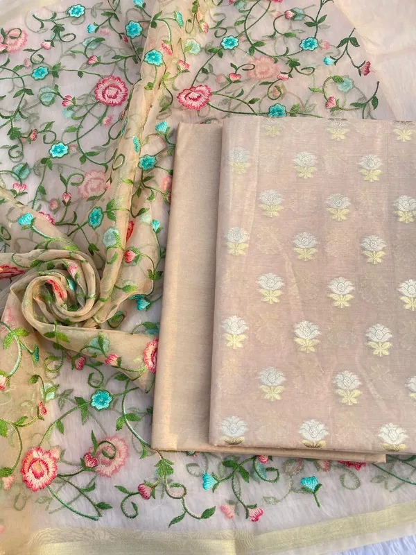 Beige_Pure_Mercerise_Silk_Silver_Gold_Zari_Booti_with_Organza_Embroidery_Dupatta_Suit_Set_1250SKL_PME26
