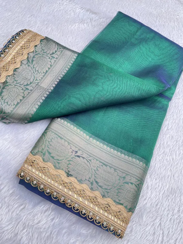 Dual_Shade_Peacock_Glass_Tissue_Silk_Plain_with_Lace_work_Border_Banarasi_Saree_BFS_GT6
