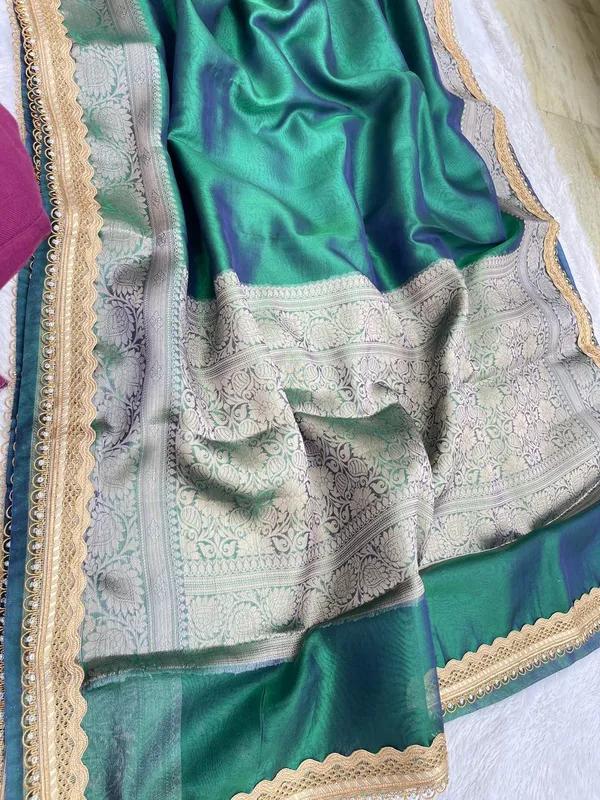 Dual_Shade_Peacock_Glass_Tissue_Silk_Plain_with_Lace_work_Border_Banarasi_Saree_BFS_GT6