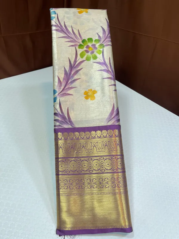 Off_white_Tissue_Silk_Floral_Handpainted_Jaal_Contrast_Purple_Border_Banarasi_Saree_MS_TS29