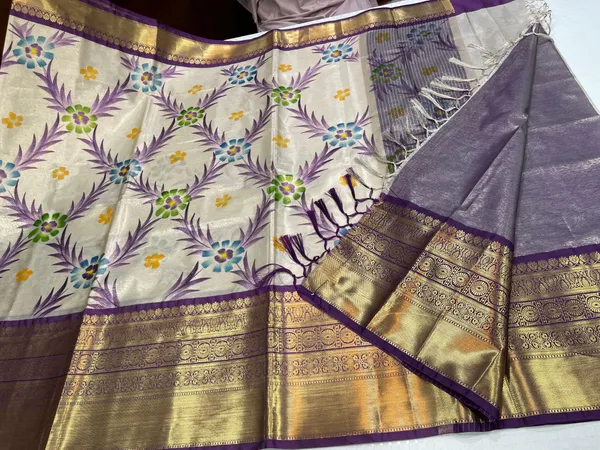 Off_white_Tissue_Silk_Floral_Handpainted_Jaal_Contrast_Purple_Border_Banarasi_Saree_MS_TS29