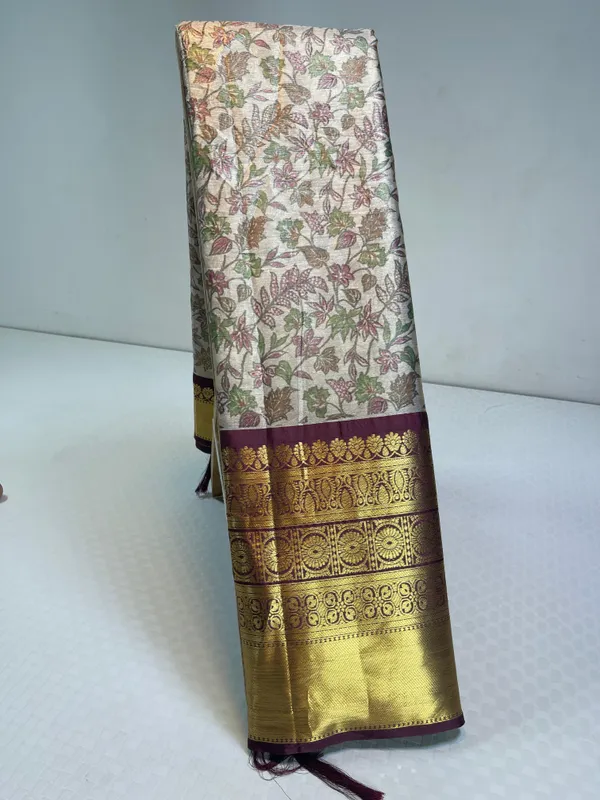 Beige_Tissue_Silk_Digital_Print_Floral_Jaal_Contrast_Wine_Border_Banarasi_Saree_MS_SK30