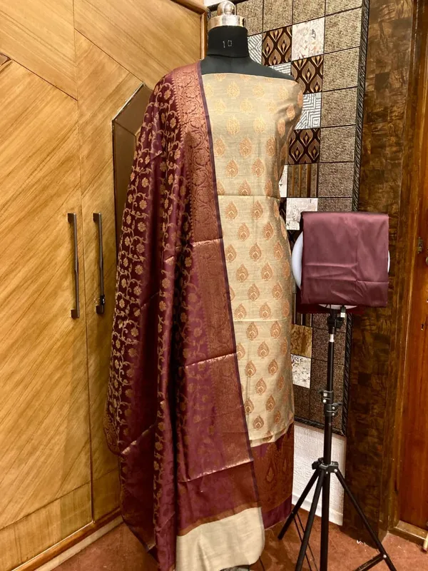 Tussar_Cotton_weave_Zari_Booti_Contrast_Brown_Border_Banarasi_Suit_600SKL_CT7