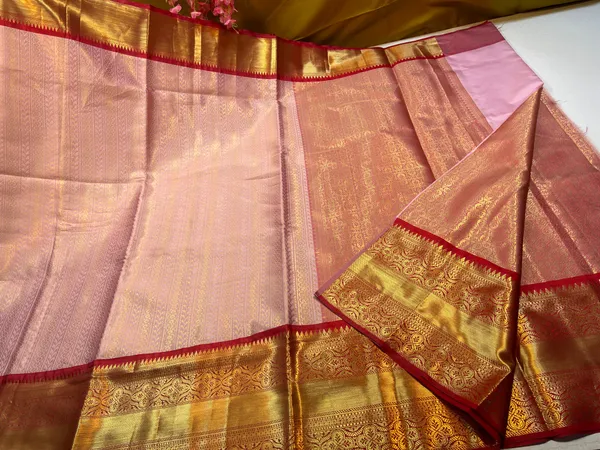 Peach_Semi_Kanchi_Silk_Stripe_Zari_Contrast_Red_Border_Banarasi_Saree_MS_SK52