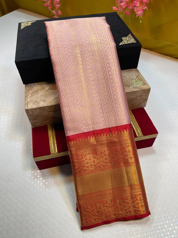 Peach_Semi_Kanchi_Silk_Stripe_Zari_Contrast_Red_Border_Banarasi_Saree_MS_SK52