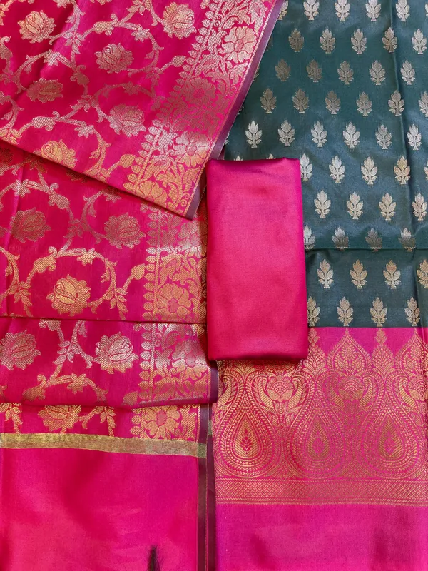 Darkgreen_Art_Silk_Floral_Zari_Booti_Contrast_Banarasi_Suit_with_Pink_Dupatta_625AJ_TPT6