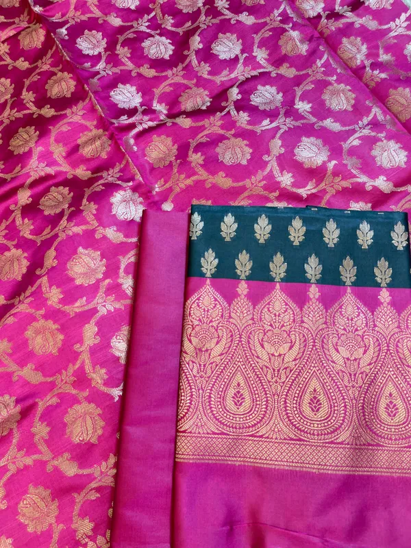 Darkgreen_Art_Silk_Floral_Zari_Booti_Contrast_Banarasi_Suit_with_Pink_Dupatta_625AJ_TPT6