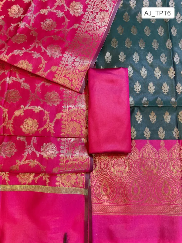 Darkgreen_Art_Silk_Floral_Zari_Booti_Contrast_Banarasi_Suit_with_Pink_Dupatta_625AJ_TPT6
