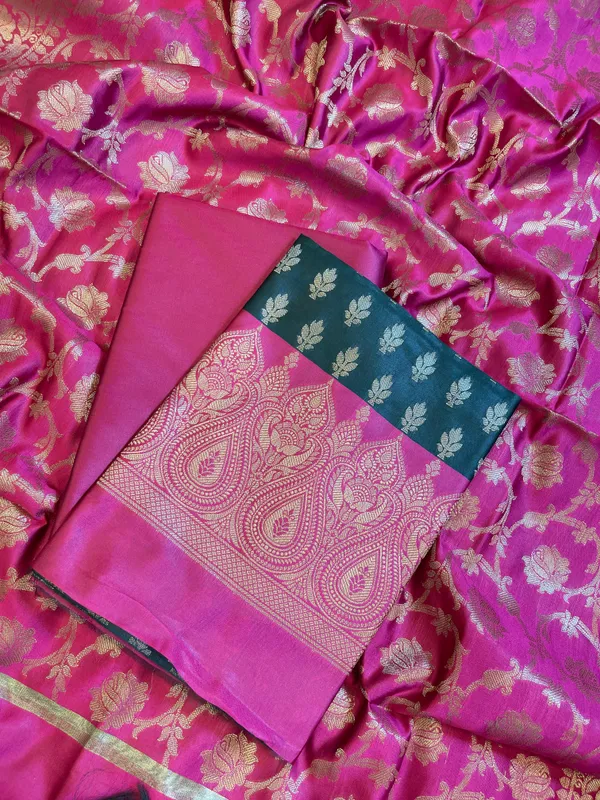 Darkgreen_Art_Silk_Floral_Zari_Booti_Contrast_Banarasi_Suit_with_Pink_Dupatta_625AJ_TPT6