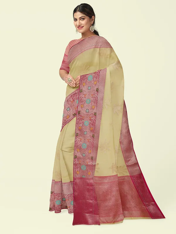 Beige_Cotton_Blend_Banarasi_Sarees_For_Women