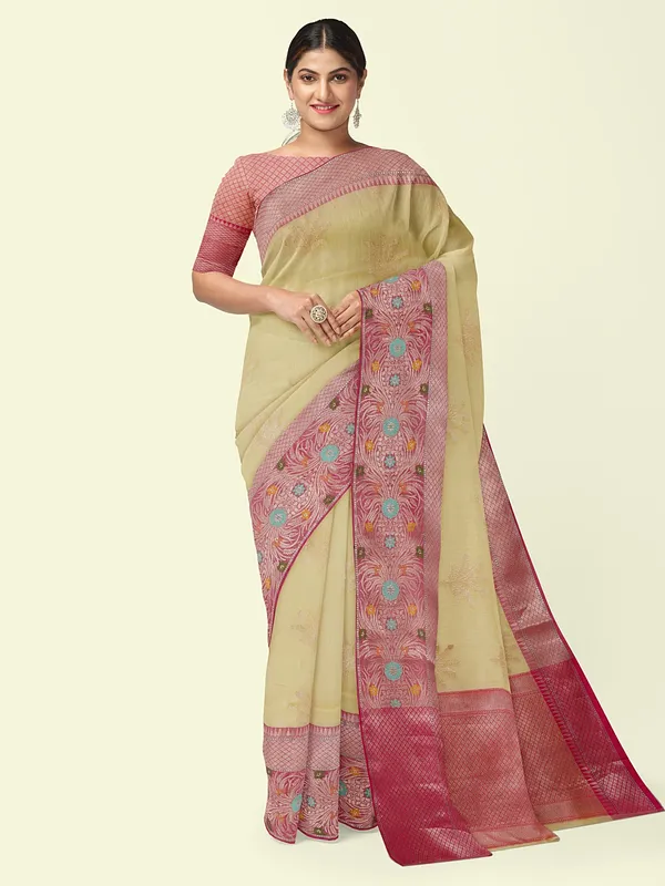 Beige_Cotton_Blend_Banarasi_Sarees_For_Women