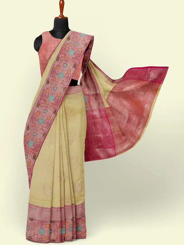 Beige_Cotton_Blend_Banarasi_Sarees_For_Women