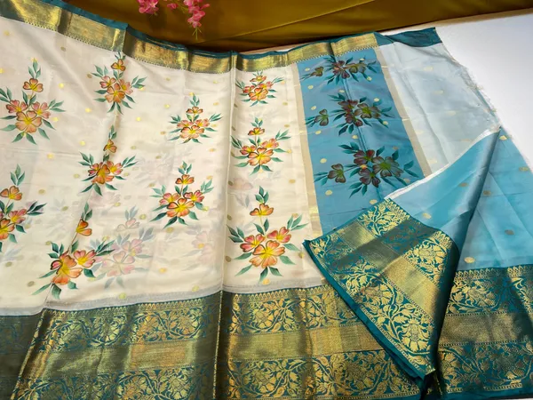 Beige_Mulberry_Silk_Handpainted_Floral_Boota_Jaal_Contrast_Sky_Blue_Border_MS_ML5
