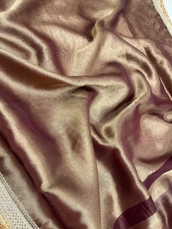 Humairah_Presents_Brown_Plain_Tissue_Tripple_Golden_Lace_Banarasi_Saree_with_Brown_Stripe_Blouse