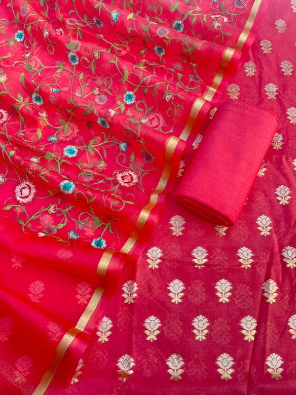Strawberry_Pink_Pure_Mercerise_Silk_Silver_Gold_Zari_Booti_with_Organza_Embroidery_Dupatta_Suit_Set