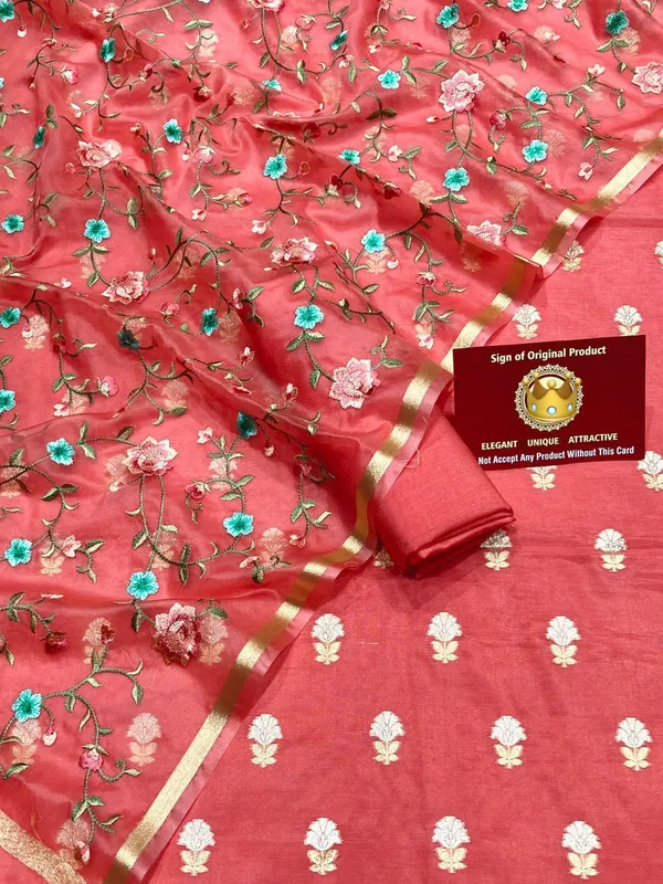 Strawberry_Pink_Pure_Mercerise_Silk_Silver_Gold_Zari_Booti_with_Organza_Embroidery_Dupatta_Suit_Set