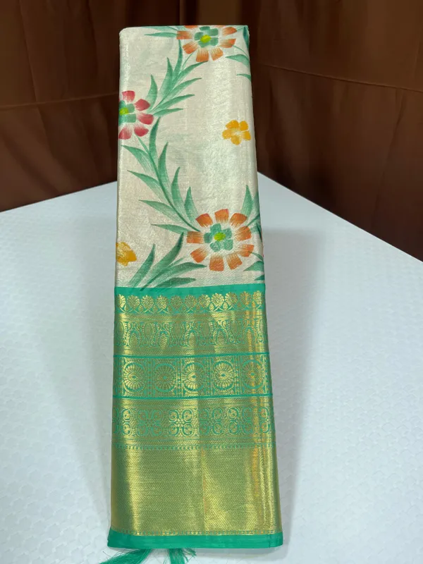 Off_white_Tissue_Silk_Floral_Handpainted_Jaal_Contrast_Seagreen_Border_Banarasi_Saree_MS_TS23