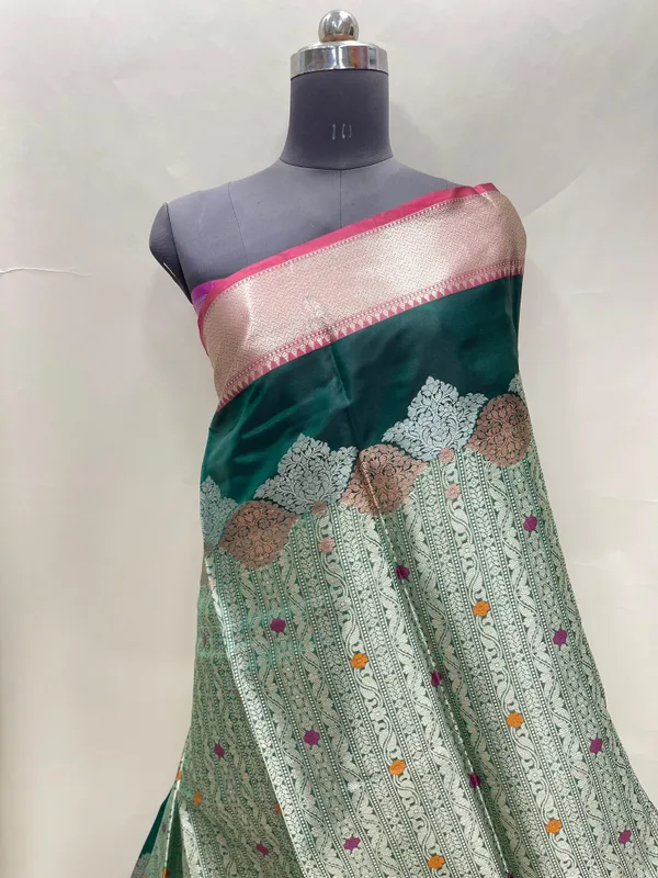 Humairah_Presents_Green_Floral_Mina_Zari_Stripe_and_Dual_Skirt_Copper_and_Silver_Boota_with_Contrast_Beige_Pallu_Banarasi_Zari_Border_and_Blue_Blouse