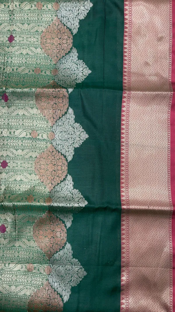 Humairah_Presents_Green_Floral_Mina_Zari_Stripe_and_Dual_Skirt_Copper_and_Silver_Boota_with_Contrast_Beige_Pallu_Banarasi_Zari_Border_and_Blue_Blouse