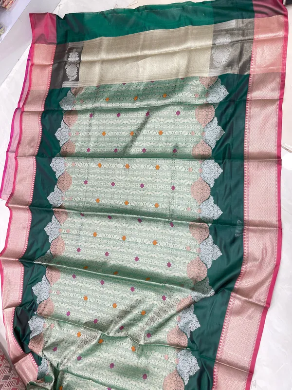 Humairah_Presents_Green_Floral_Mina_Zari_Stripe_and_Dual_Skirt_Copper_and_Silver_Boota_with_Contrast_Beige_Pallu_Banarasi_Zari_Border_and_Blue_Blouse