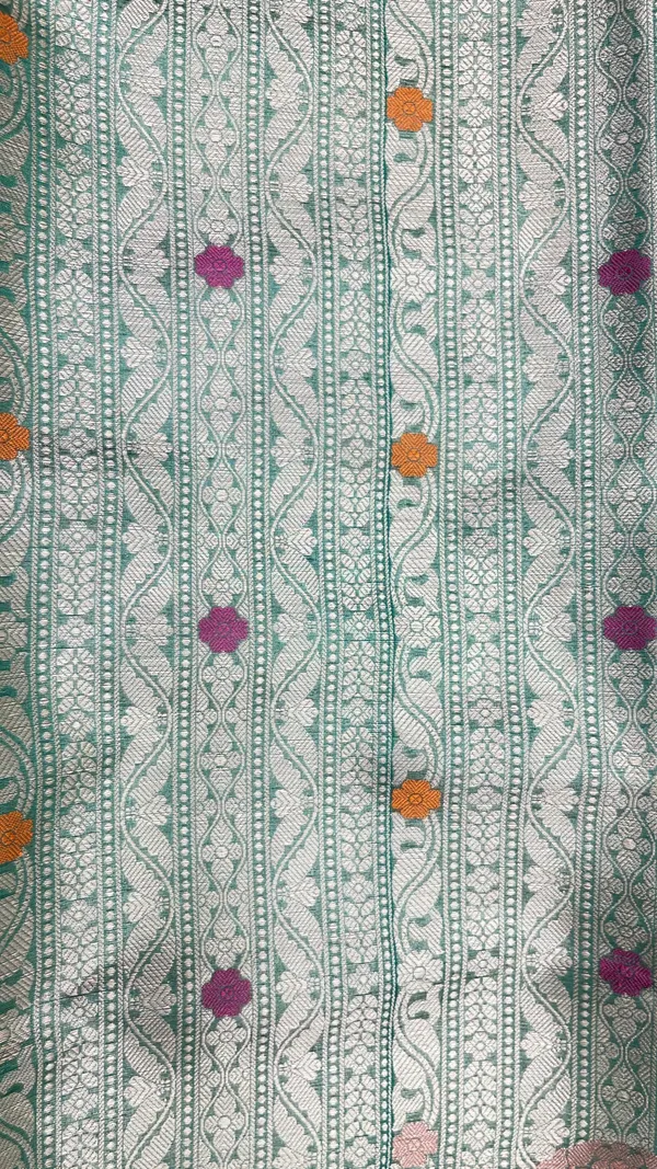 Humairah_Presents_Green_Floral_Mina_Zari_Stripe_and_Dual_Skirt_Copper_and_Silver_Boota_with_Contrast_Beige_Pallu_Banarasi_Zari_Border_and_Blue_Blouse