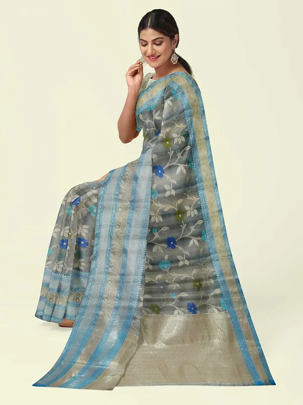 Grey_Matka_Silk/Silk_Blend_Banarasi_Sarees_For_Women_GEMTKSLK_195