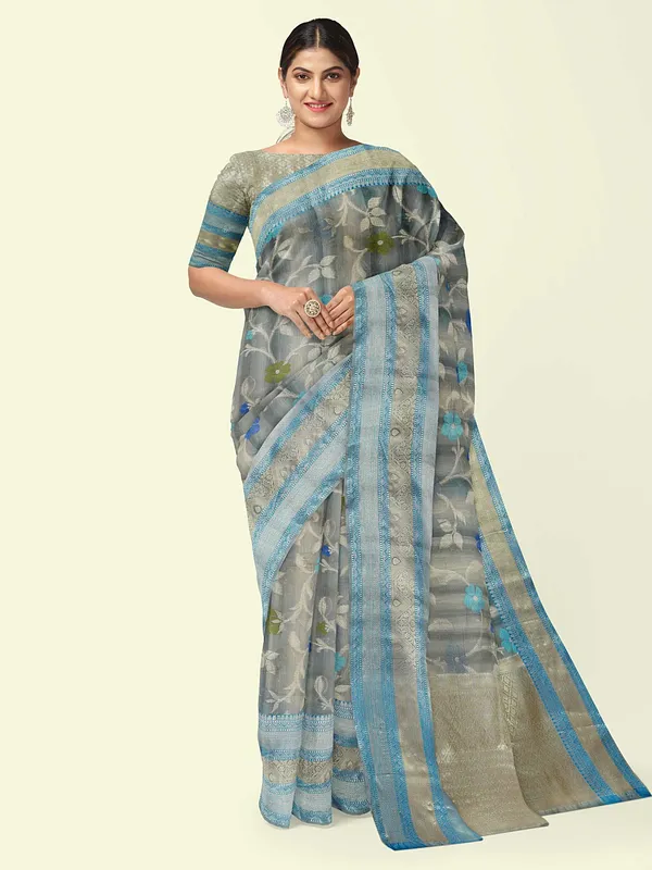 Grey_Matka_Silk/Silk_Blend_Banarasi_Sarees_For_Women_GEMTKSLK_195
