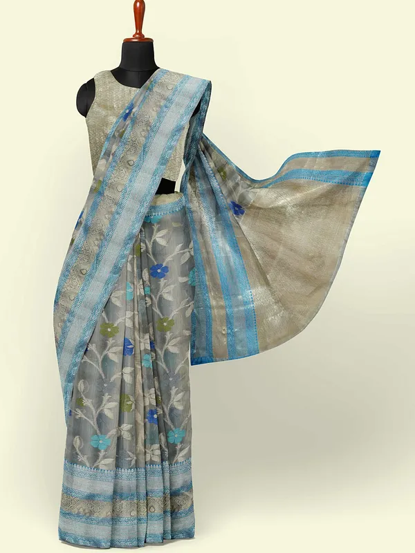 Grey_Matka_Silk/Silk_Blend_Banarasi_Sarees_For_Women_GEMTKSLK_195