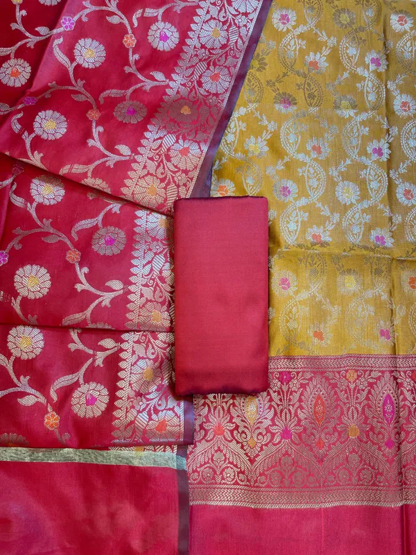 Mustard_Art_Silk_Floral_Zari_Mina_Jaal_Contrast_Banarasi_Suit_with_Red_Dupatta_625AJ_TPT16