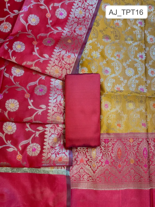 Mustard_Art_Silk_Floral_Zari_Mina_Jaal_Contrast_Banarasi_Suit_with_Red_Dupatta_625AJ_TPT16