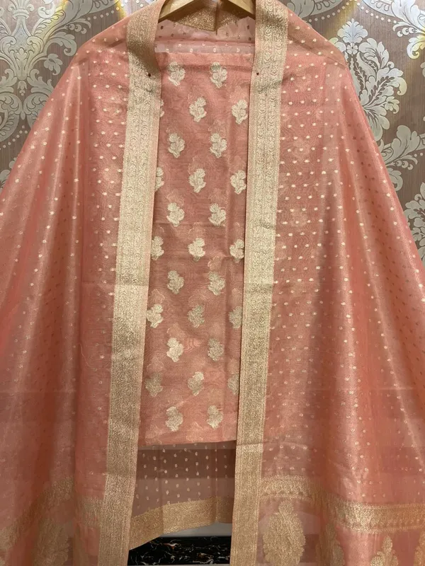 Peach_Tissue_Silk_Zari_Booti_Banarasi_Suit_with_Polka_dot_traditonal_Border_Dupatta_1500ASG_TSU2