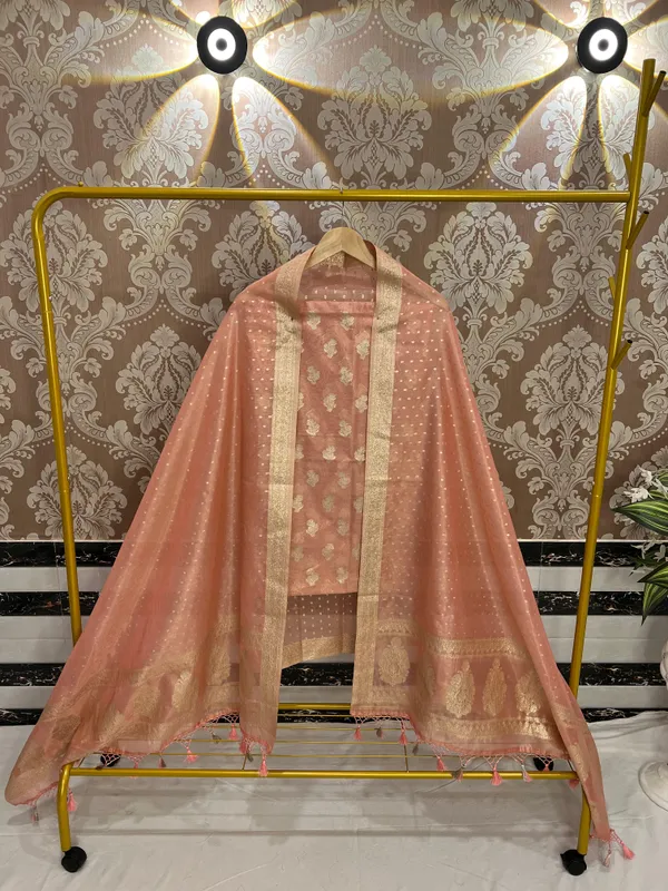 Peach_Tissue_Silk_Zari_Booti_Banarasi_Suit_with_Polka_dot_traditonal_Border_Dupatta_1500ASG_TSU2