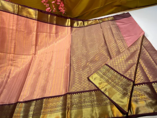 Peach_Semi_Kanchi_Silk_Stripe_Zari_Contrast_Brown_Border_Banarasi_Saree_MS_SK51